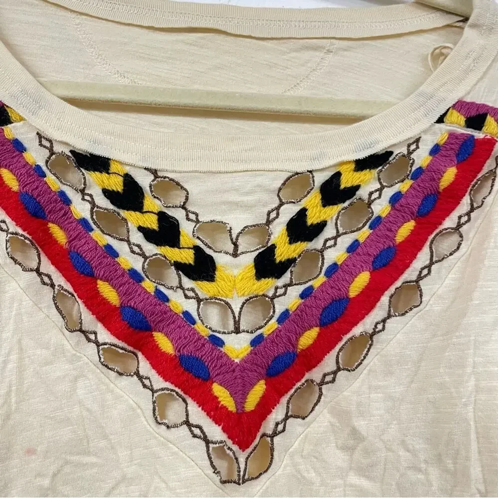Free People Cream Embroidered Boho Cropped Balloon Sleeve Blouse Womens S Fall